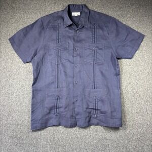 Michael Mens Navy Blue 100% Linen Guayabera Short Sleeve Button Down Shirt L